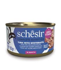 SCHESİR TON BALIĞI RİNGA BALIĞI VE PİRİNÇLİ PİŞİRME SUYUNDA YETİŞKİN KEDİ KONSERVESİ 85G