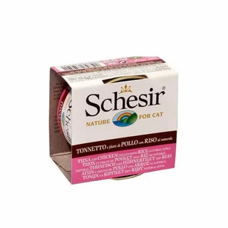 SCHESİR TON BALIKLI TAVUK FİLETOLU VE PİRİNÇLİ PİŞİRME SUYUNDA YETİŞKİN KEDİ KONSERVESİ 85G
